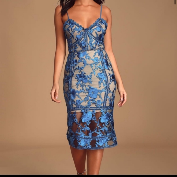 Lulus Dresses & Skirts - Lulus Deeply Cherished Blue Lace Midi Dress Size M NWT